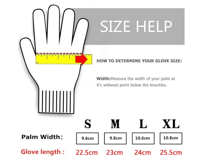 Safety glove size guide showing palm measurement and S, M, L, XL sizes