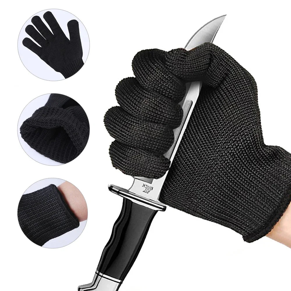 Black knitted safety glove pictured with a knife and glove detail insets