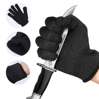 Thumbnail for Black knitted safety glove pictured with a knife and glove detail insets